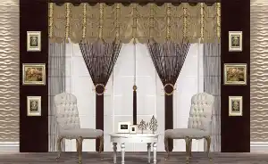 Drape Şelale Bantlı İp Perde Kahve Altın- Altın Simli