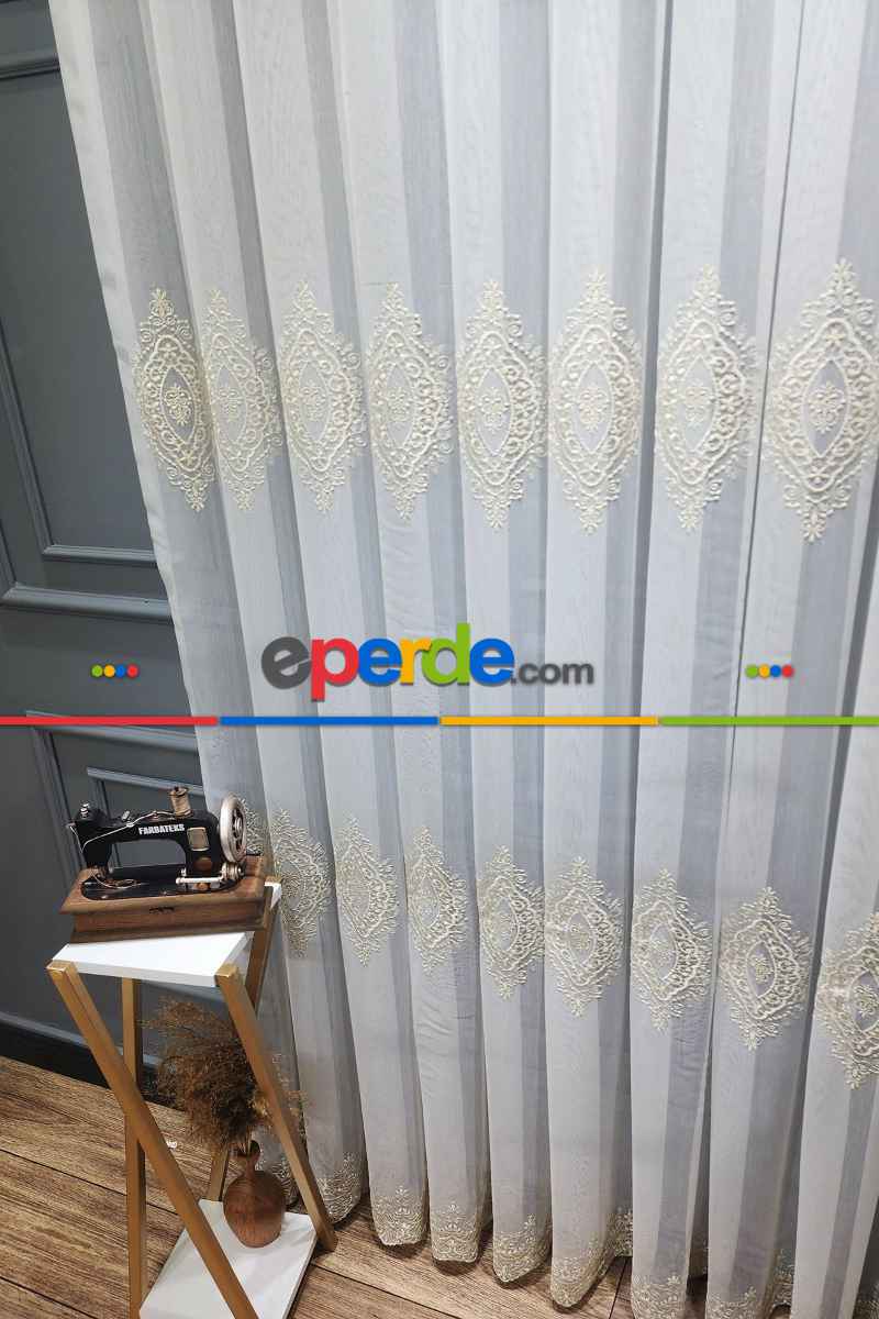 Tül Perde Hafif Keten - Desenli Tül - Avangart Nakışlı Tül Perde - Damask Desenli - Gold/altın
