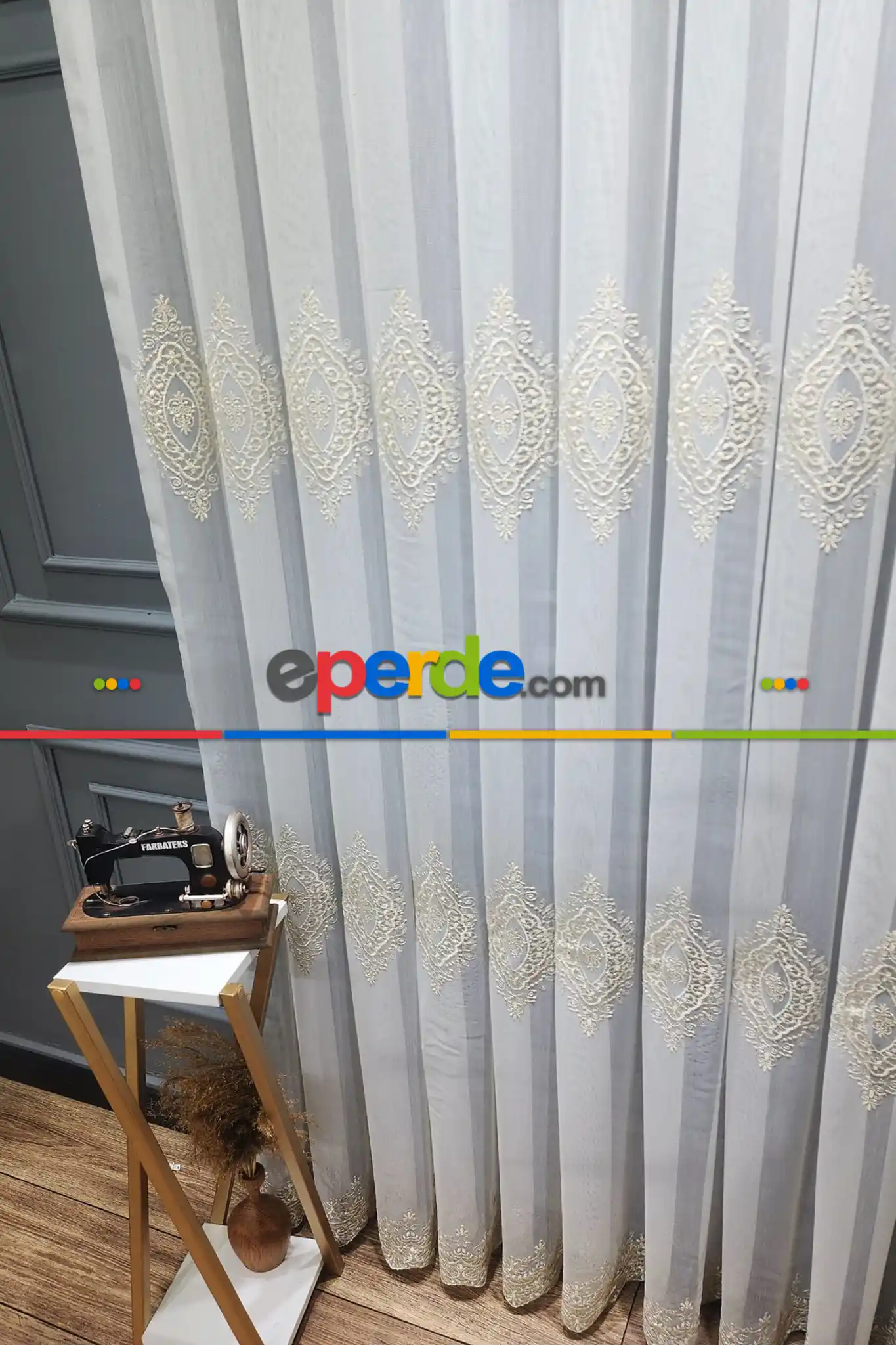 Salon Tül - Gold Altın Orta İstanbul Damask İşlemeli Salon Model Tasarım Pileli Tül Perde