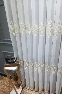 Salon Tül - Gold Altın Orta İstanbul Damask İşlemeli Salon Model Tasarım Pileli Tül Perde