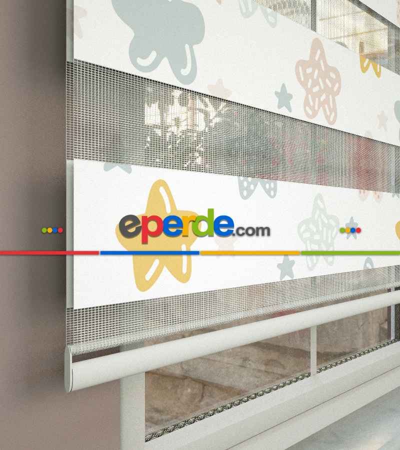 Yıldız Desenli Baskılı Zebra Perde- Çok Renkli