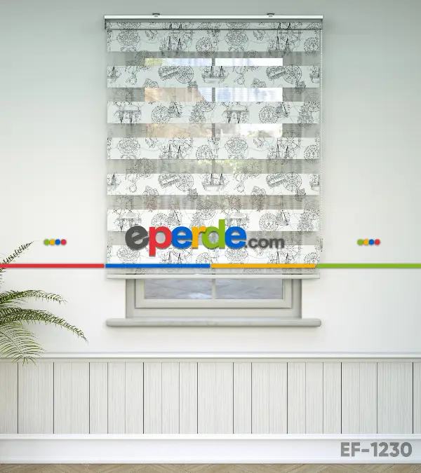 Bebek Odası Zebra Perde - Gemi Baskılı Zebra Perde- Gri-Füme-Antrasit-Beyaz