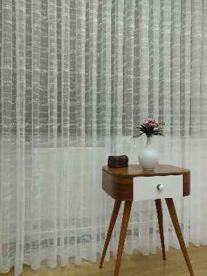 Enine Çizgili Etek Ucu Desenli Tül Perde- Ekru