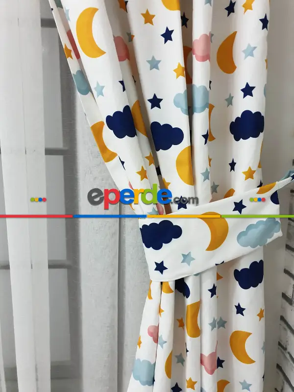 Aydede Bulut Desenli Fon Perde Evm8345 Kumaşı Kalındır Duck Bezi Değildir- Lacivert-beyaz-pembe