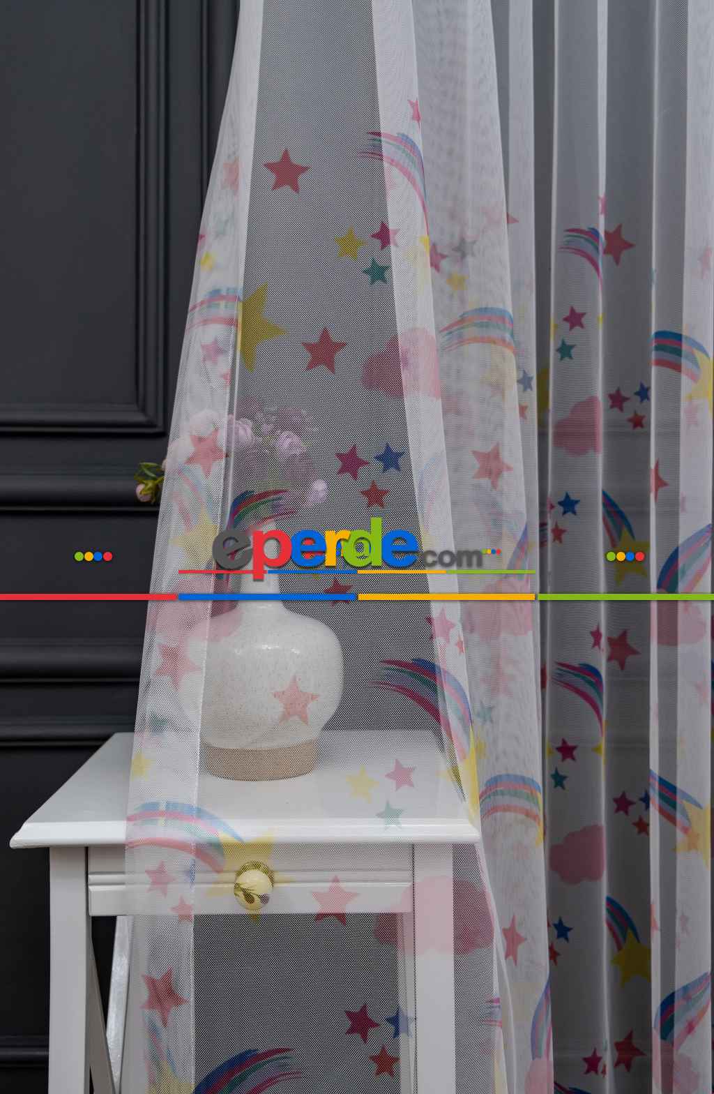 Hazır Ölçülü Petek Zemin Mavi Ve Yeşil Renkli Gökkuşağı Desenli Grek Baskılı Tül Perde