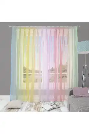 Çocuk Odası - Rainbow Gökkuşağı Desen Geçişli Keten Görünümlü Tül Perde