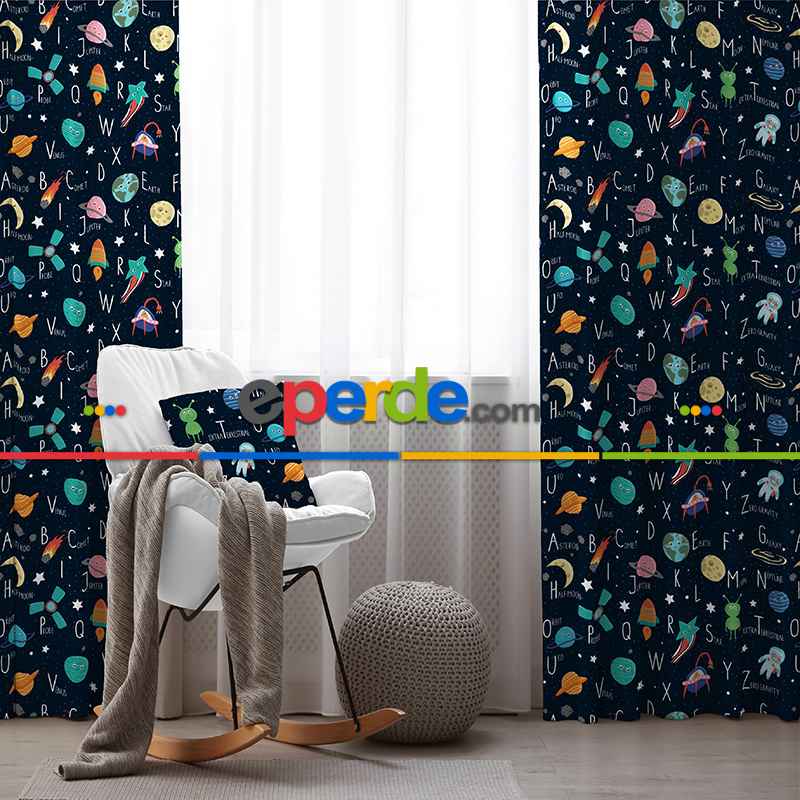 Uzay Desenli Fon Perde Evim833 Kumaşı Kalındır Duck Bezi Değildir- Mavi-beyaz