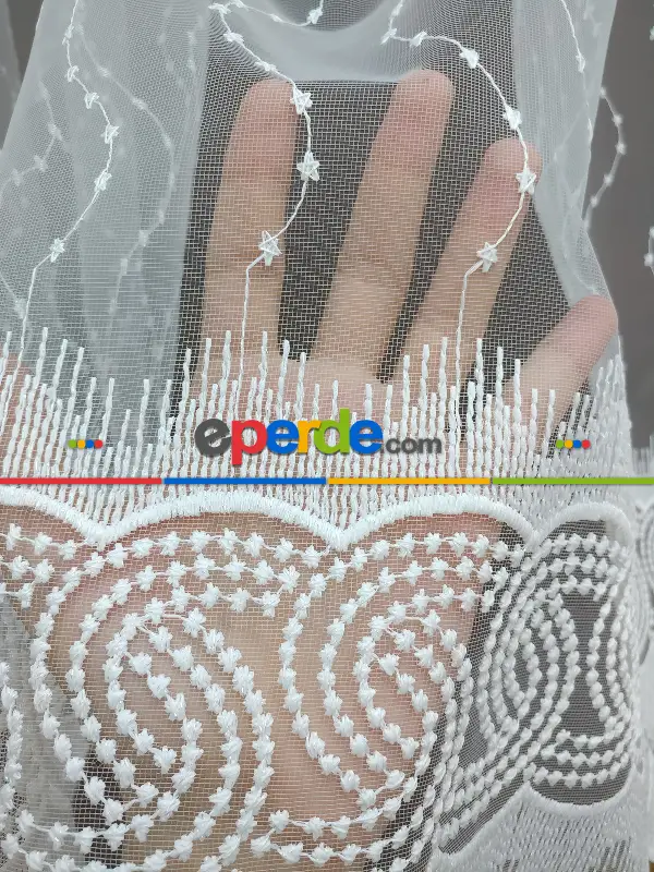 Brode İşlemeli Nakışlı Tül Perde Es Desenli - Ekru Renk