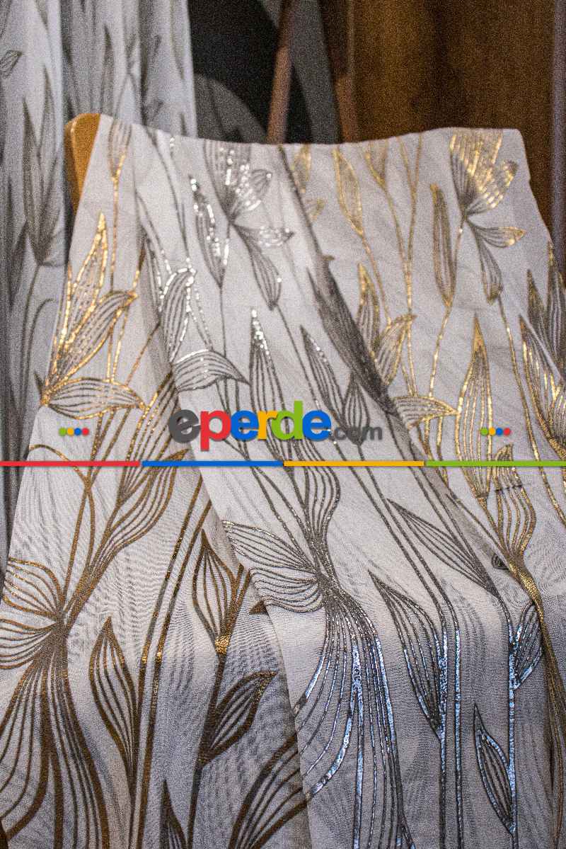 Oturma Odası - Altın/gümüş/bakır Kabartmalı Yaprak Desenli Tül Perde - Armür Dokuma Keten Efektli