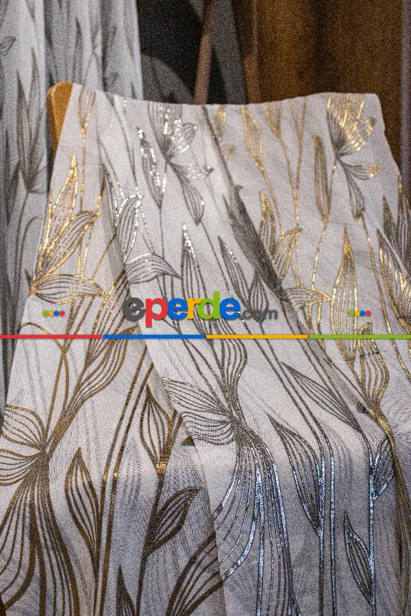 Salon - Altın/gümüş/bakır Kabartmalı Yaprak Desenli Tül Perde - Armür Dokuma Keten Efektli