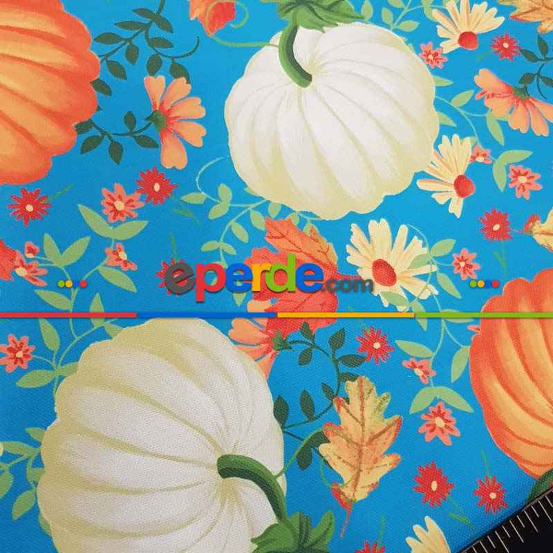 Kabak Desenli Fon Perde Evm1531 Kumaşı Kalındır Duck Bezi Değildir- Mavi-Turuncu