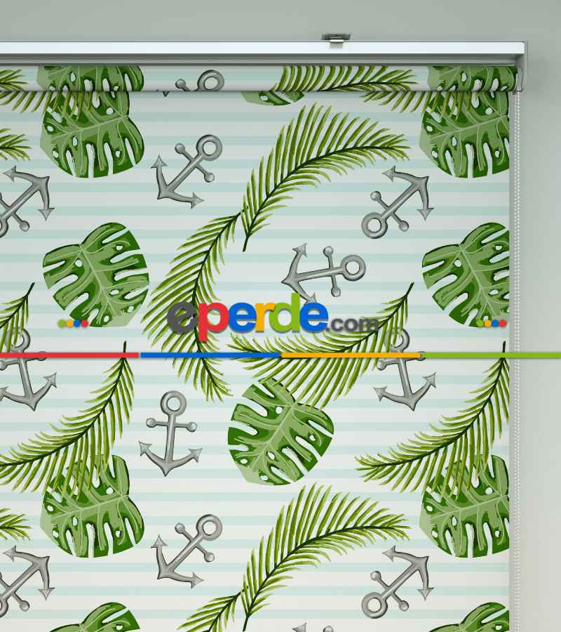 Çapa Desenli Baskılı Stor Perde- Yeşil-mavi-gri-füme-antrasit-çok Renkli