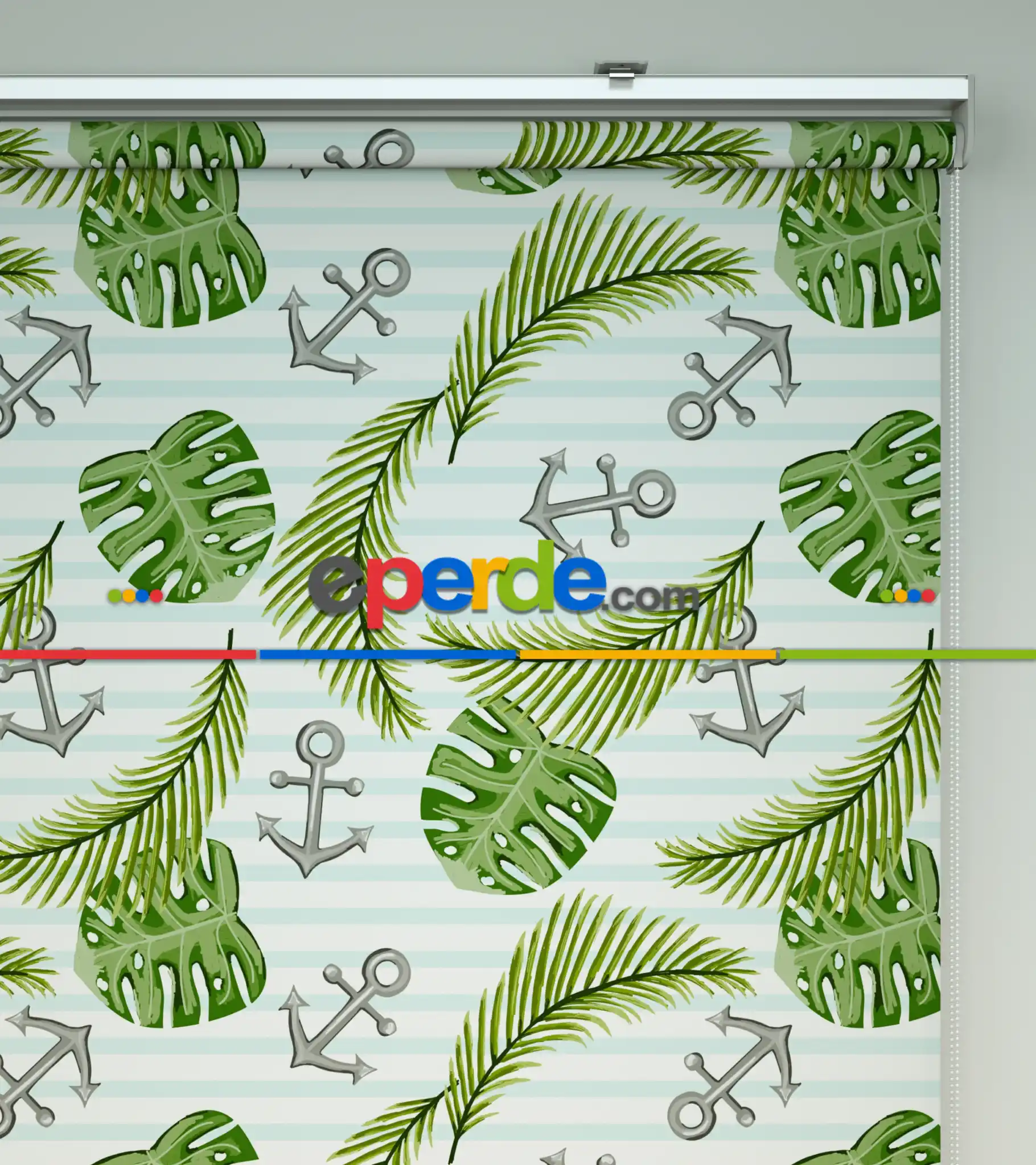 Çapa Desenli Baskılı Stor Perde- Yeşil-mavi-gri-füme-antrasit-çok Renkli