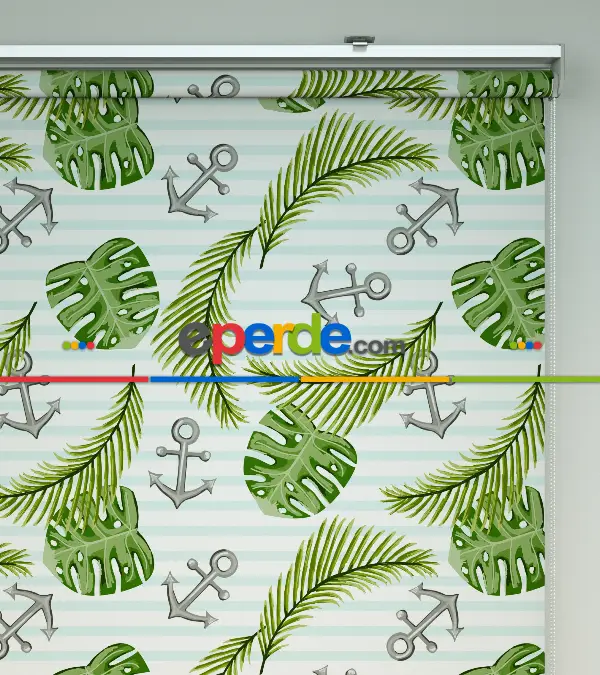 Çapa Desenli Baskılı Stor Perde- Yeşil-mavi-gri-füme-antrasit-çok Renkli