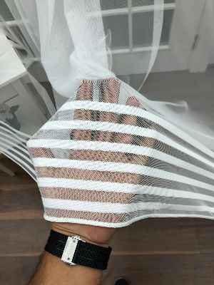 Bantlı Desenli Dantel Tül Perde- Ekru