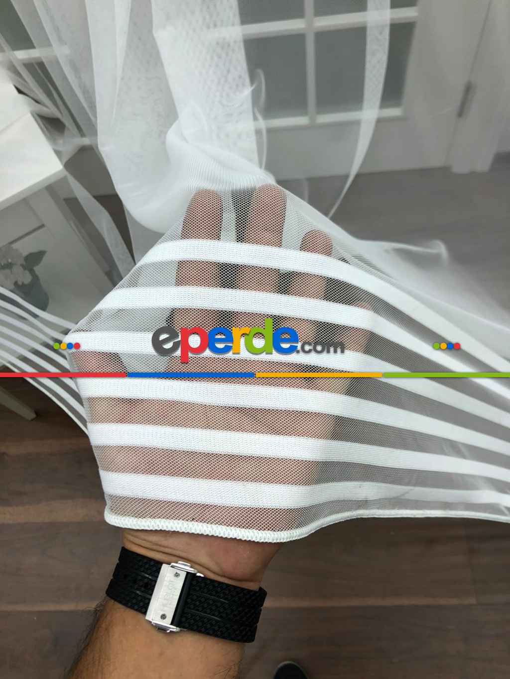 Bantlı Desenli Dantel Tül Perde- Ekru