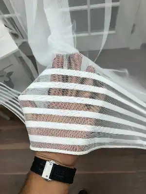 Bantlı Desenli Dantel Tül Perde- Ekru