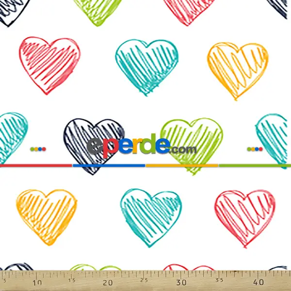 Bebek Odası Fon - Suluboya Kalpli Desenli Fon Perde Evm752-6 Kumaşı Kalındır Duck Bezi Değildir- Lacivert