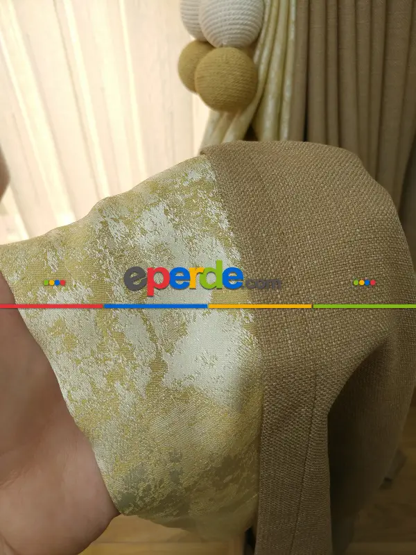 Sarı Kahve Renk Kombinli Desenli Fon Perde- Sarı-kahve