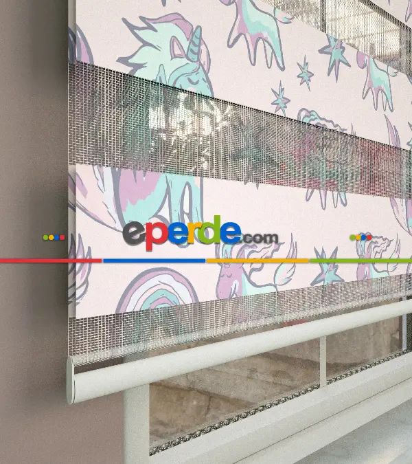 Unicorn Desenli Baskılı Zebra Perde- Çok Renkli