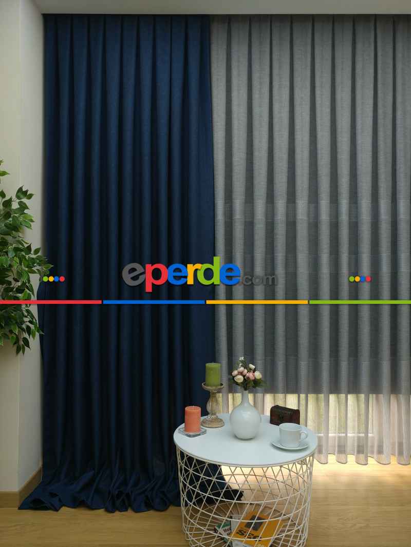Keten Lacivert Renk Düz Fon Perde- Lacivert