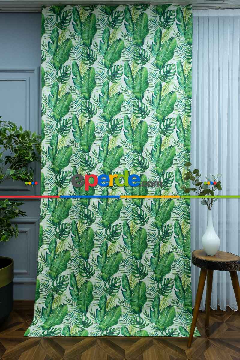 Yaprak Desenli Fon Perde Kumaşı Kalındır Duck Bezi Değildir- Yeşil-Beyaz-Açık Yeşil