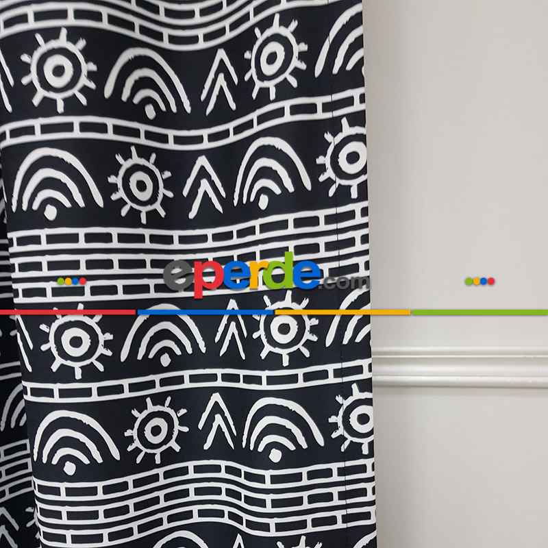 Etnik Desenli Fon Perde Evm1522 Kumaşı Kalındır Duck Bezi Değildir- Siyah