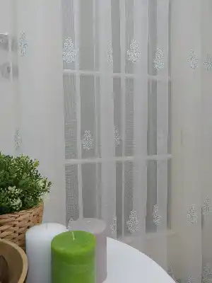 Etek Ucu Koordeneli Nakışlı Tül Perde- Mavi Açık-ekru