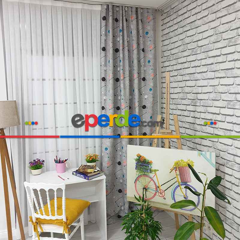 Uzay Gezegen Desenli Fon Perde Evm497 Kumaşı Kalındır Duck Bezi Değildir- Siyah- Çok Renkli 3