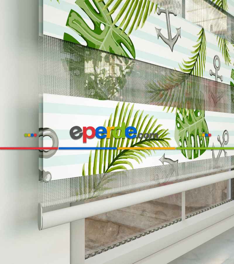 Çocuk Odası Zebra Perde - Yaprak Ve Çapa Desenli Baskılı Zebra Perde- Yeşil