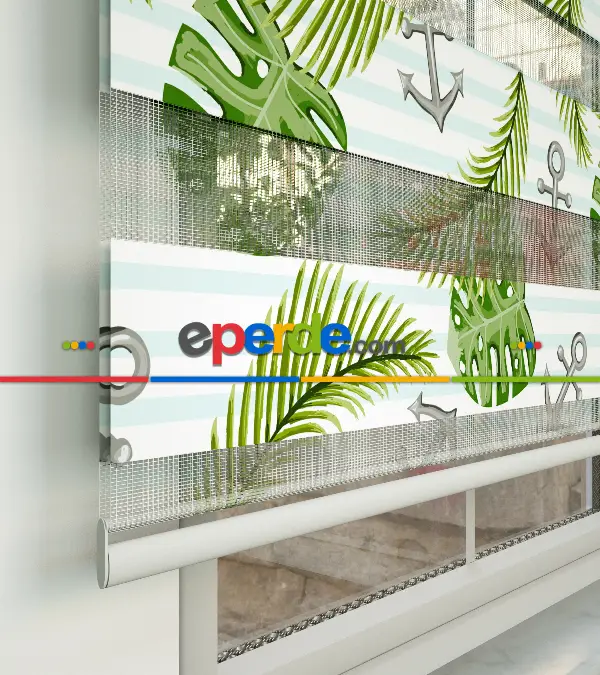 Genç Odası - Yaprak Ve Çapa Desenli Baskılı Zebra Perde- Yeşil