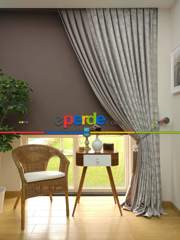 Patinedesenli Açık Vizon Pudra Renk Kombinli Desenli Fon Perde- Kahve Açık-gri Açık