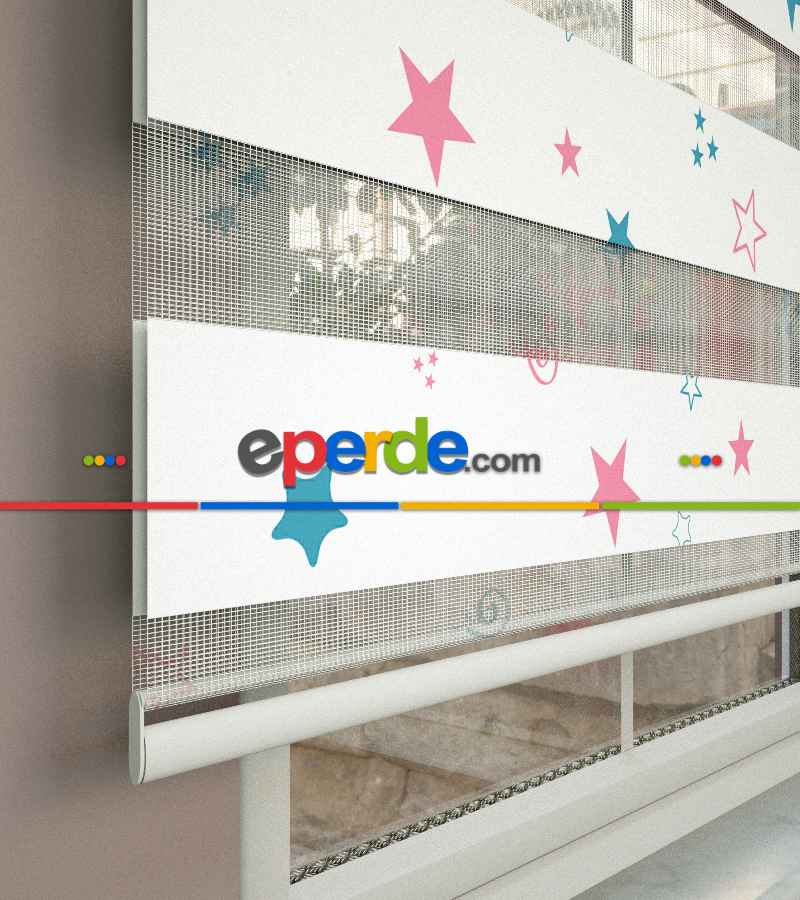 Yıldız Desenli Baskılı Zebra Perde- Çok Renkli