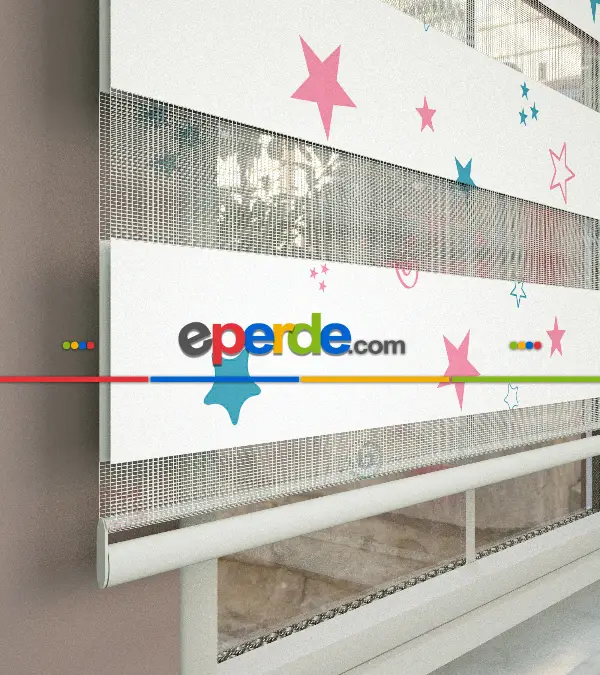 Yıldız Desenli Baskılı Zebra Perde- Çok Renkli