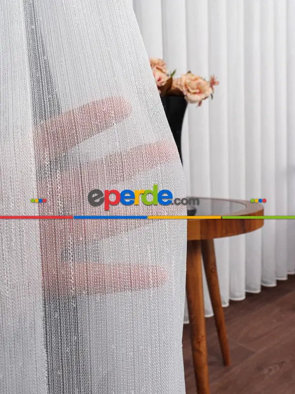 Bambu Zemin Noktalı Ve Çizgili Simli Düz Tül Perde Gramajlı