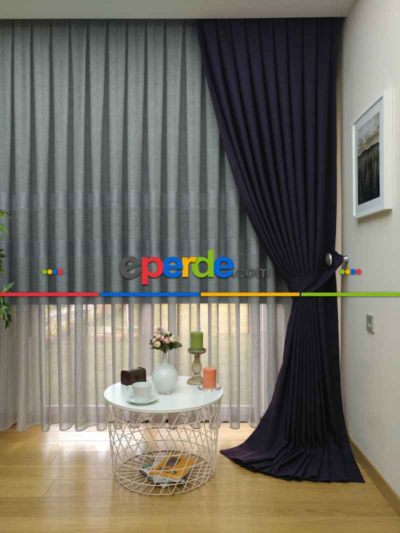 Keten Patlıcan Moru Rengi Düz Fon Perde- Mor Patlıcan Moru