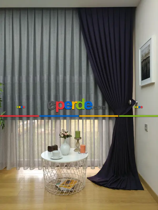 Salon Fon Perde - Keten Patlıcan Moru Rengi Düz Fon Perde- Mor Patlıcan Moru