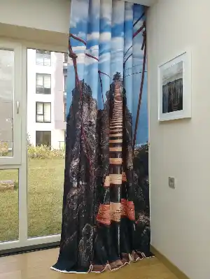 3d Manzara Desenli Pano Fon Perde- Mavi-Kahve-Antrasit