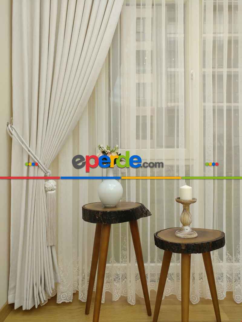 Krem Düz Sade Mutfak Fon Perde Yan Kanat Perdesi- Krem