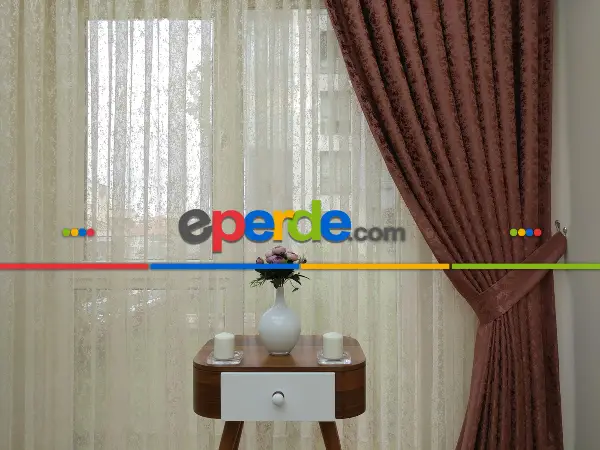 Yatak Odası - Bakır Duz Jakar Fon Perde - Kiremit Rengi