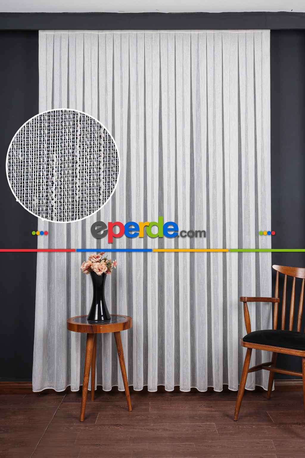 Bambu Zemin Noktalı Ve Çizgili Simli Düz Tül Perde Gramajlı