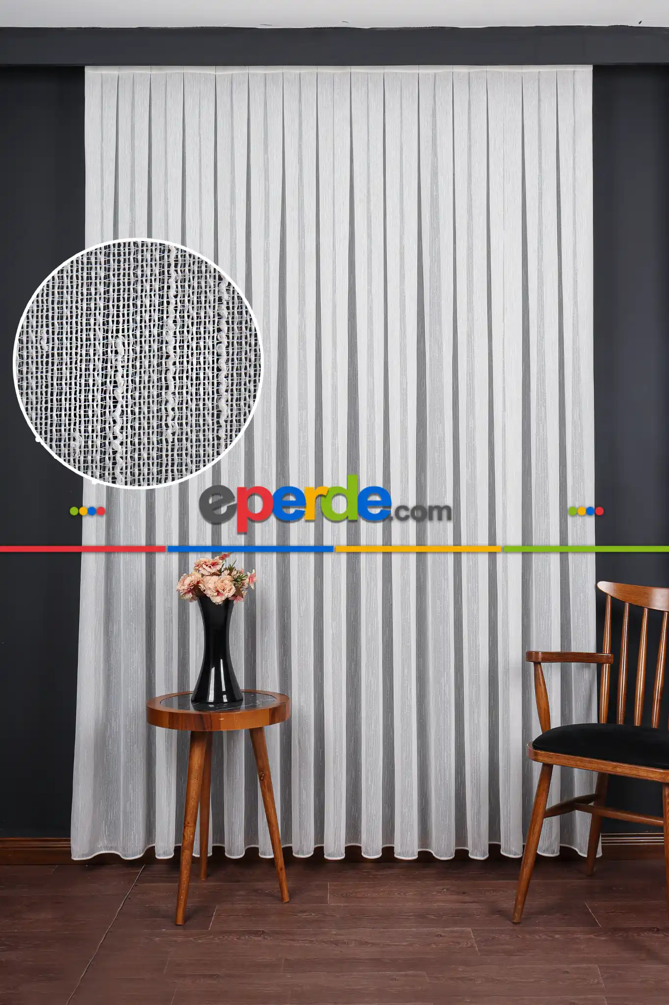 Bambu Zemin Noktalı Ve Çizgili Simli Düz Tül Perde Gramajlı