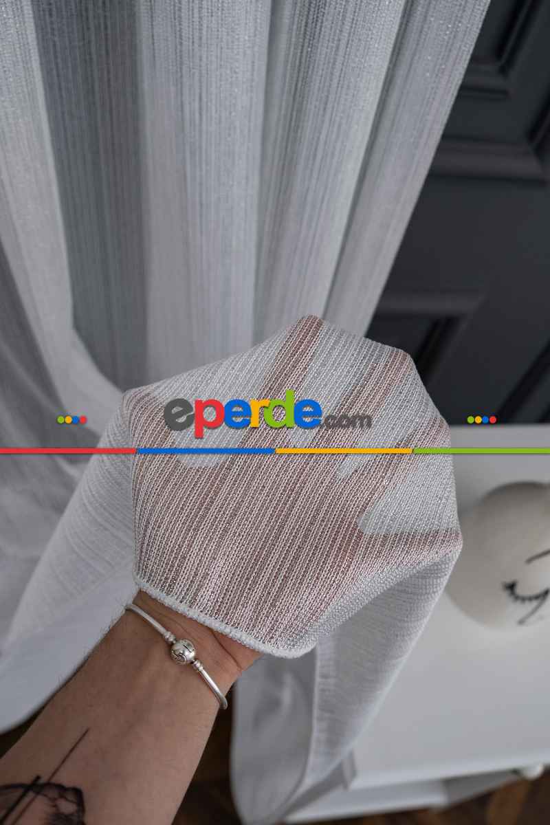 Çizgi Gümüş Simli Çelik Sim Çizgili Pırıltılı Işıltılı Tül Tasarım Perde