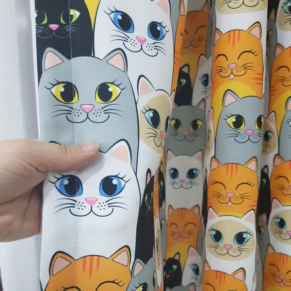 Bebek Odası Fon Perde - Kedi Baskılı Fon Perde- Siyah