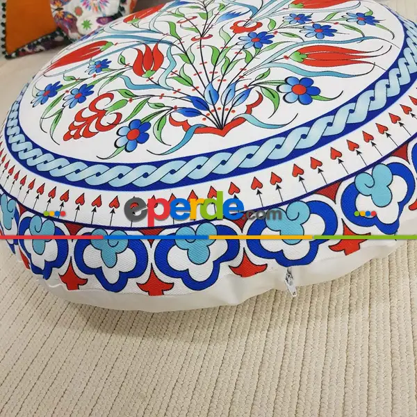 Çini Desenli Yuvarlak Yer Minderi 45 Cm Çapında-  Çok Renkli 2
