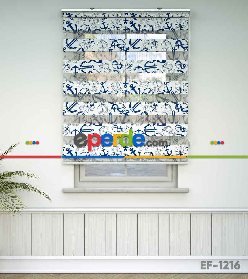 Çapa Baskılı Zebra Perde- Mavi-beyaz