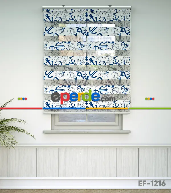 Bebek Odası Zebra Perde - Çapa Baskılı Zebra Perde- Mavi-Beyaz