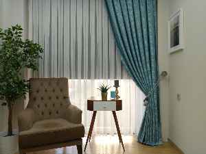 Patine Desenli Açık Mavi Renk Jakar Desenli Fon Perde- Mavi Açık-mavi Grimsi