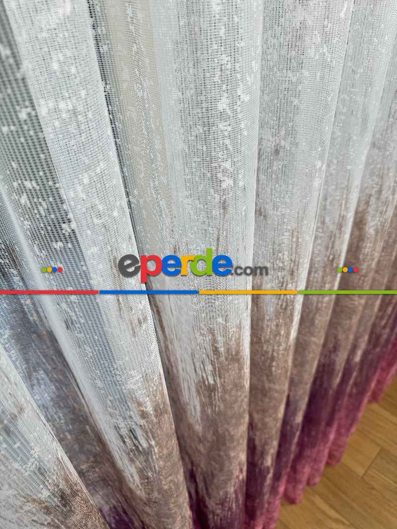 Pembe Kahverengi Degrade Geçişli Tül Perde, Fransız Örme Tül