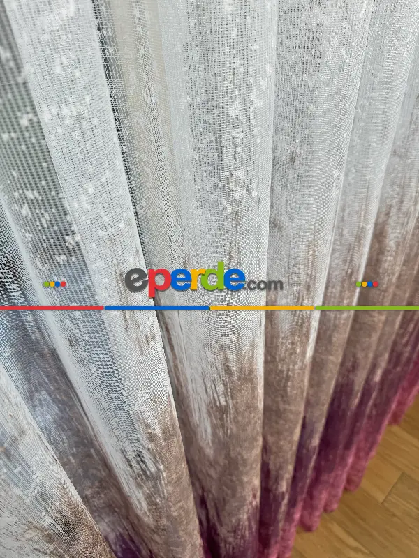 Salon - Pembe Kahverengi Degrade Geçişli Tül Perde, Fransız Örme Tül